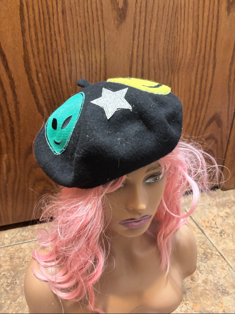 No Boundaries Black Beret with Teal Alien Patch and Yellow Crescent